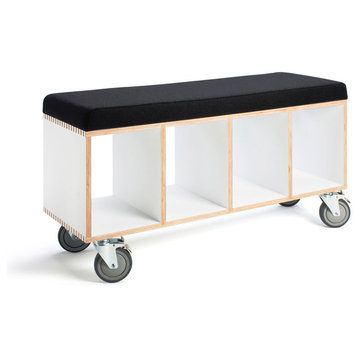 Modern Wood Bench On Casters, Padded Top, White with Gray Top