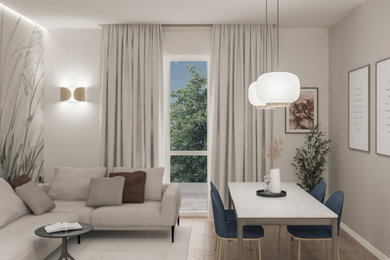 Foto di un soggiorno minimalista con parquet chiaro e carta da parati