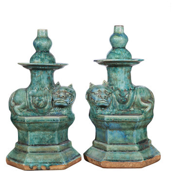 Speckled Green Lion Candle Holder Per Pair