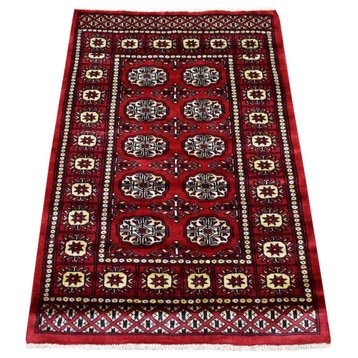 Hand Knotted Mori Bokara Deep Red Pure Wool Oriental Rug, 2'6"x3'10"