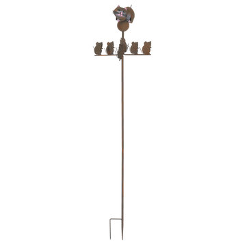 Rustic Metal Kinetic Wind Sculpture Cat With Spinning Mice Outdoor Garden Stake