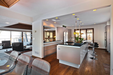 Trendy l-shaped medium tone wood floor eat-in kitchen photo in Minneapolis with an undermount sink, flat-panel cabinets, beige cabinets, granite countertops, stainless steel appliances and an island
