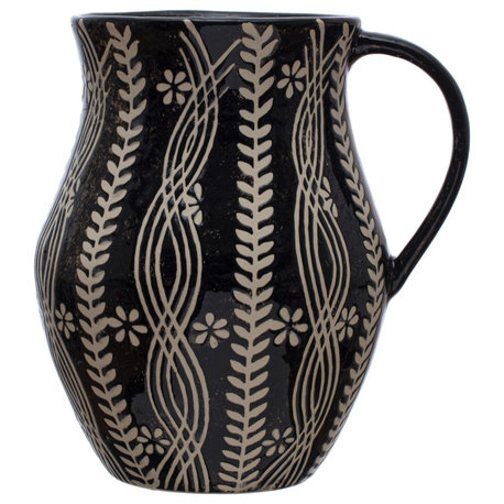 Stoneware Pitcher with Wax Relief Botanicals, Black and Natural