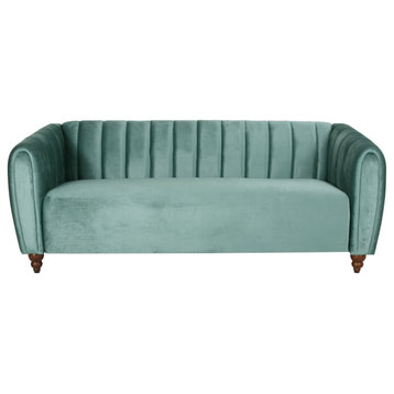 Worden Modern Glam Velvet Channel Stitch 3 Seater Sofa, Turquoise + Walnut