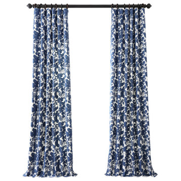 Fleur Blue Printed Cotton Twill Curtain Single Panel, 50"x 96"