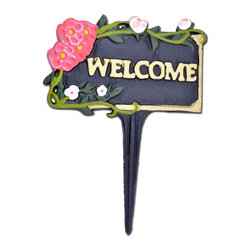 Import Wholesales - Welcome Garden Plaque Sign, Welcome Pink Flowers, Black Cast Iron, 7" W - Garden Statues And Yard Art