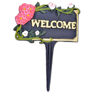 Welcome Garden Plaque Sign, Welcome Pink Flowers, Black Cast Iron, 7" W