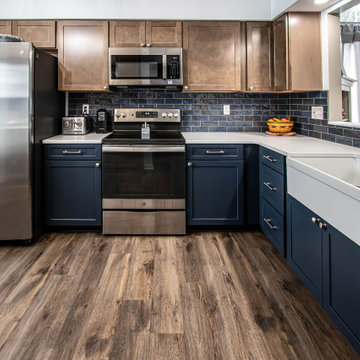 Two Tone Kitchen: Navy and Wood Kitchen with Carrara Wind Quartz Countertops