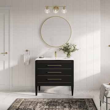 Celios Bathroom Vanity, Black With Brass Trim, 36", Single Sink, Freestanding