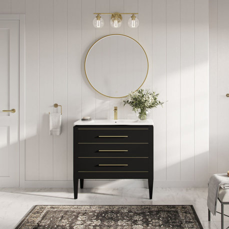 Grace Bathroom Vanity, Black With Brass Trim, 36", Single Sink, Freestanding
