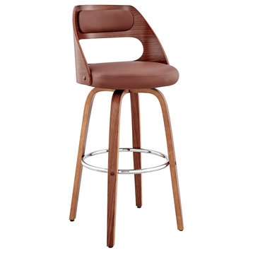 Julius Faux Leather and Wood Bar Stool, Brown and Walnut, 30"