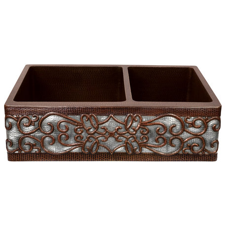 33-In Hammered Copper Apron Front 60/40 Double Basin Kitchen Sink