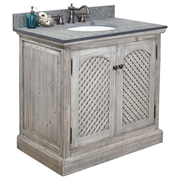 Single Fir Sink Vanity Driftwood With Polished Surface Granite Top, 36", Gray
