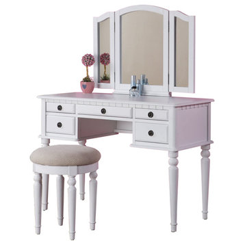 Vanity Set with Tri-Fold Mirror, White