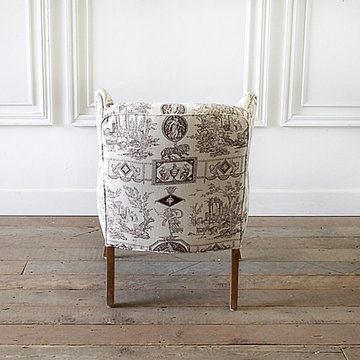 Vintage Petite Wing Chair Upholstered in Brown Toile Fabric