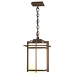 Hubbardton Forge - Tourou Large Outdoor Ceiling Fixture, Coastal Bronze Finish, Opal Glass - Although the design is in honor of traditional Japanese stone lanterns, our Tourou Outdoor Sconce is much easier to hang from a chain outside home or business. Metals bands crisscross and hug the square glass tube for design flare.