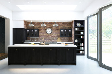 Large traditional galley eat-in kitchen in Essex with an integrated sink, shaker cabinets, black cabinets, quartzite benchtops, brown splashback, subway tile splashback, stainless steel appliances, concrete floors and with island.