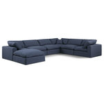 Meridian Furniture - Comfy Upholstered U-Shaped Modular Sectional, Navy, 7-Piece: 3 Armless Chair, 3 Corner Chair, 1 Ottoman, Linen Textured Fabric - Give your space a whole new look with this navy Comfy linen textured fabric sectional. This handsome sectional fits nicely with other items in the Comfy collection and is a versatile seating option designed for adaptability, comfort and style. Wrapped in rich navy durable linen textured fabric upholstery, this sectional offers a plush embrace of overstuffed down feather cushions, carefully crafted to deliver the highest level of comfort. The perfect seat for creating an oasis for relaxation, this sectional has thick foam surrounding its frame for added support and coziness.