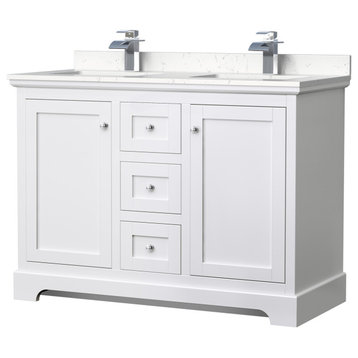 Avery 48, Double Vanity, White, Light-Vein Carrara Marble Top, Square Sinks