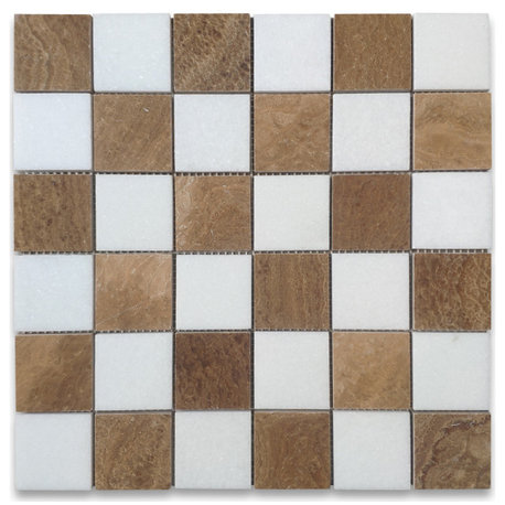 Thassos White Yellow Woodgrain Marble Checkerboard Square Mosaic Tile, 1 sheet