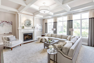 Living room - large transitional open concept dark wood floor and brown floor living room idea with gray walls, a standard fireplace, a tile fireplace and no tv