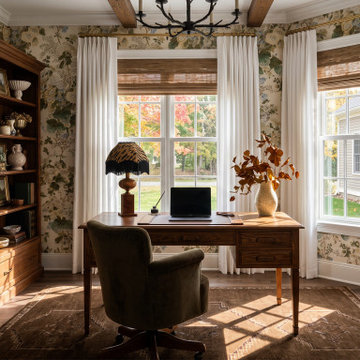 Custom Woven Wood Shades & Linen Drapes for Traditional Home Office