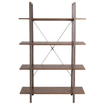 55"H Modern Industry Metal/Wooden 4-Tier Bookcases & Shelves, Walnut Melamine