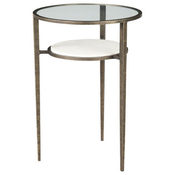 Felicity Glass Top With White Marble Shelf and Antique Gold Base End/Side Table
