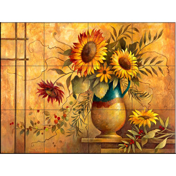 Tile Mural, Country Sunflowers I by Elaine Vollherbst-Lane