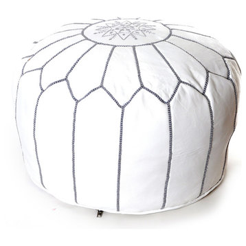 Moroccan Leather Pouf, White With Grey Stitching