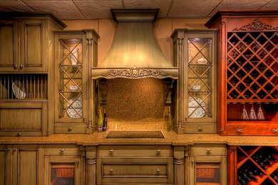 Inspiration for a mid-sized timeless u-shaped limestone floor eat-in kitchen remodel in Albuquerque with shaker cabinets, granite countertops, beige backsplash, stainless steel appliances, an island and gray cabinets