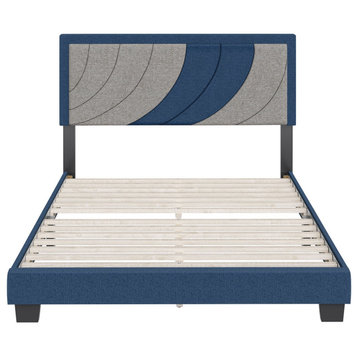 Contemporary Platform Bed, Unique Patterned Linen Headboard, Blue/Gray, Queen