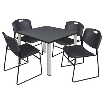 Kee 36" Square Breakroom Table, Gray/ Chrome and 4 Zeng Stack Chairs, Black
