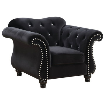 Benzara BM263131 Chair With Flared Design Arms and Button Tufting, Black