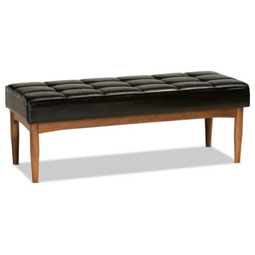 Mid Century Dining Bench, Rubberwood Frame With Faux Leather Seat, Dark Brown
