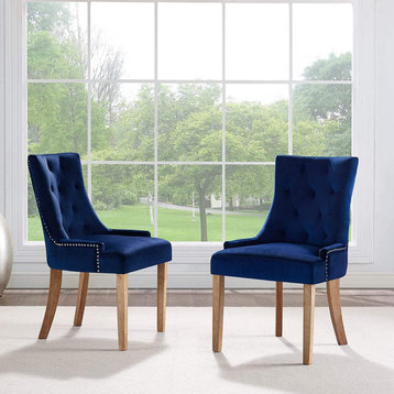 Set of Dining Chair, Soft Velvet Seat With Low Arms & Button Tufted Back, Navy