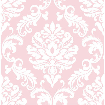 Modern Damask Peel and Stick Wallpaper, Pink/White, 4 Rolls