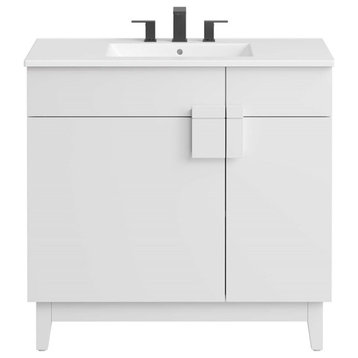 Modway Miles 36" Wood Bathroom Vanity with Tapered Legs in White