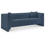 Meridian Furniture - Everett Upholstered Sofa, Light Blue, Chenille Fabric - Make this Everett light blue chenille fabric sofa the center of a cozy reading nook. Handsome from every angle, this posh sofa is plumply appointed to put supreme comfort within easy reach. Soft light blue chenille upholstery fabric adds to its lavish feel while a staggered design gives it a modern edge. An included pillow gives it a beckoning vibe while the sofa's solid wood inner frame makes it a lasting addition in any room.