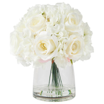 Floral Arrangement With Glass Vase Realistic Accent, 10 Hydrangeas and 11 Roses
