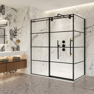 Losar Rectangle Sliding Framed Shower Enclosure, Matte Black, 68" W X 78"h