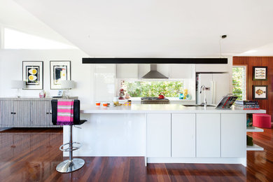 Design ideas for a mid-sized contemporary galley eat-in kitchen in Brisbane with flat-panel cabinets, white cabinets, window splashback, stainless steel appliances, dark hardwood floors, brown floor, a double-bowl sink and with island.