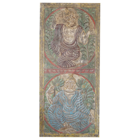 Consigned Vintage Buddha Carved Door, Wall Art Colorful Buddha Barn Door