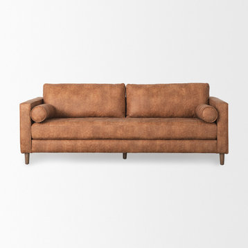 Loretta 88.0Lx36.2Wx33.9H Brown Faux Leather 3-Seater Sofa, Two Bolster Cushions