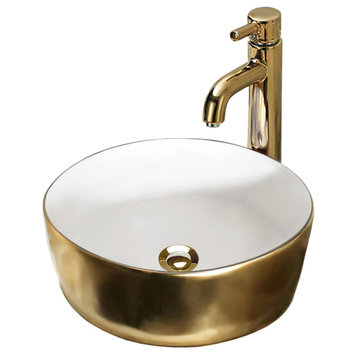 White and Gold Round Vessel Sink 15-3/4"