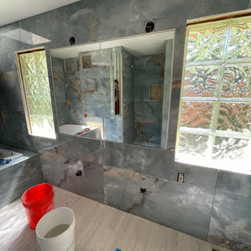 Bathroom Remodel; Huge Blue Tiles; Luxury shower and tub