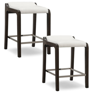 Set of 2 Counter Stool, Faux Leather Seat & Metal Footrest