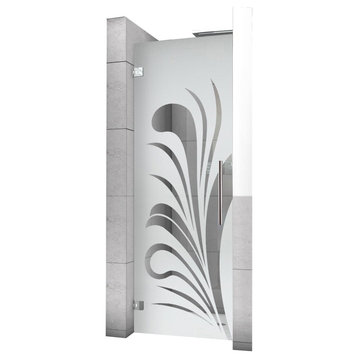 Hinged Alcove Shower Door With Palm Leaf Design, Semi-Private, 32"x70" Inches, Left