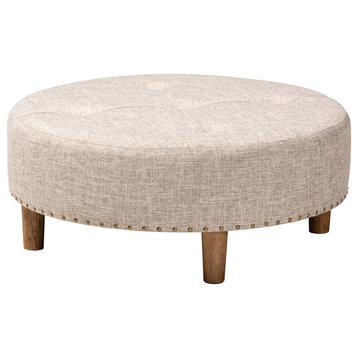 Nicky Beige Fabric Natural Wood Cocktail Ottoman