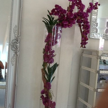 Cylinder 55" arrangement w/ purple orchids hand made